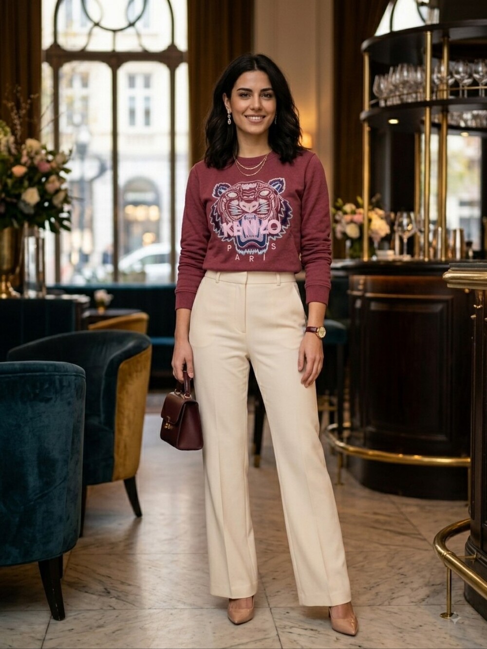 Kenzo Women's Burgundy Crewneck Sweatshirt with Embroidered Tiger